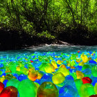 Multicolored translucent orbs in clear riverbed with green trees and blue sky