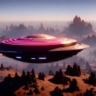 Futuristic spaceship over alien forested landscape at twilight