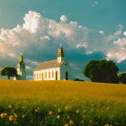 Scenic church in blooming field under vibrant sunset sky