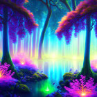 Mystical forest with neon lights, pink and purple foliage, and blue river