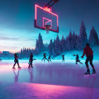 Colorful lights illuminate ice skaters under twilight sky with basketball hoop, trees, and mountains.