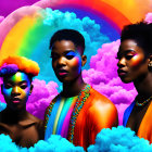 Colorful Afro Hairstyles on Three Individuals Amid Vibrant Clouds