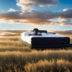 Person reclining on futuristic bed in surreal landscape with fluffy clouds, cosmic elements, and purple flowers.