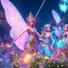 Colorful fairy costumes in magical flower setting with whimsical props