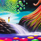 Colorful artwork: Person walking to giant, flowing gown in cosmic setting