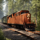 Ornate train in sunlit forest with vibrant foliage