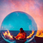 Astronaut reading book in bubble surrounded by water and fire