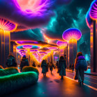 Vibrant neon-lit corridor with futuristic structures & colorful sky