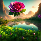 Pink rose stands out in misty mountain sunrise landscape