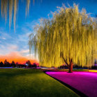 Majestic weeping willow tree at twilight with backlit leaves and starry sky