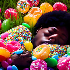 Woman Relaxing Among Colorful Balloons and Jelly Beans on Green Grass