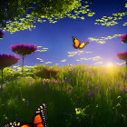 Horse in vibrant meadow with purple flowers and butterflies at sunset