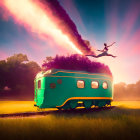 Person leaping over vintage train in vibrant sunset landscape