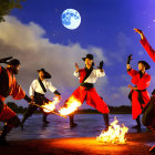 Four ninjas with swords in flames under starry sky with full moon.