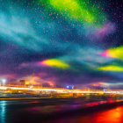 Night highway scene with vibrant starry sky and colorful lights