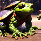 Detailed 3D illustration of anthropomorphic frogs in turtle shells