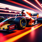 Dynamic Formula 1 car on track with red and white light streaks