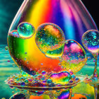 Colorful digital artwork: Water droplets, bubbles, rainbow backdrop, glass-like surfaces