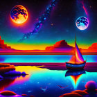 Fantasy landscape with sailboat, moons, mountains, and colorful reflection