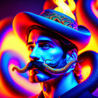 Man with stylized facial hair in flaming hat under vibrant lighting