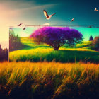 Colorful sunset billboard features tree on lush hill with flying birds