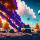 Colorful digital artwork: police cars, helicopters, oversized trees under blue and orange sky