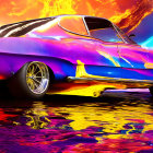 Colorful psychedelic classic car with flame design on liquid surface.