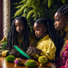 Three women in elegant golden attire with styled dreadlocks at a table with greenery