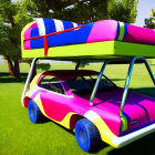 Colorful Toy Car with Oversized Pool Floats Parked Under Tree