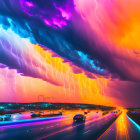 Highway scene with cars at dusk under dramatic sky with lightning