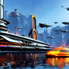 Futuristic cityscape with waterways, neon skyscrapers, and flying vehicles at twilight