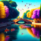 Colorful digital artwork: Canal scene with boats, bridge, trees, and birds