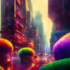 Vibrant futuristic cityscape with neon lights, skyscrapers, spherical flora, figure, flying