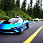 Futuristic supercars race on forest-lined mountain road