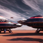 Orange and black striped futuristic spaceships on desert alien landscape under starry sky.