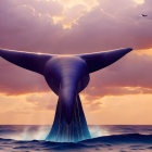 Whale tail breaching ocean at sunset with vibrant purple hues