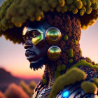 Digital portrait of man in futuristic tribal attire with moss-covered helmet and high-tech visor against twilight sky