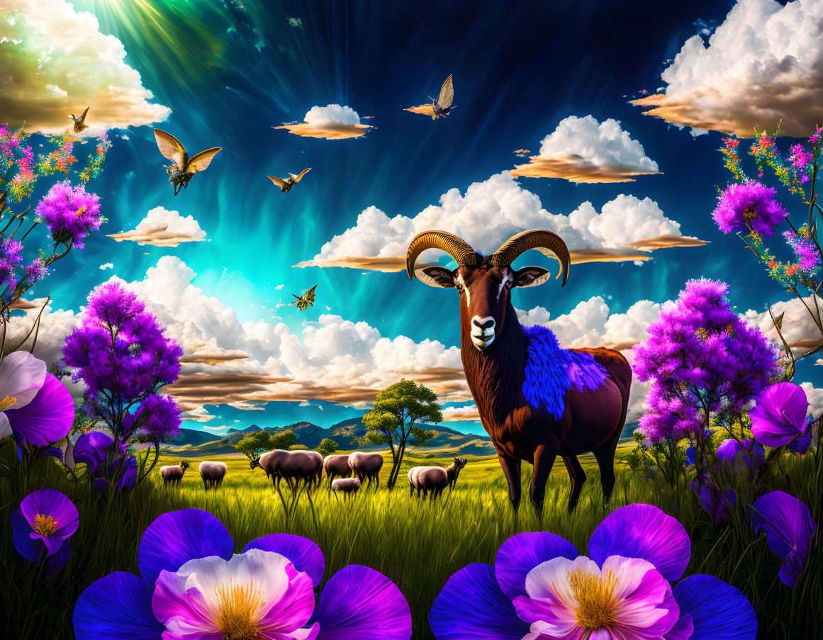 Colorful landscape with ram, flock, flowers, butterflies, and dramatic sky