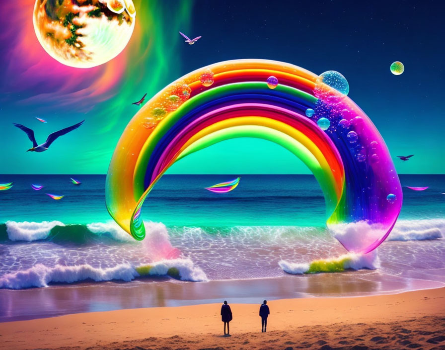 Surreal beach scene with massive rainbow, planets, birds, and vibrant elements