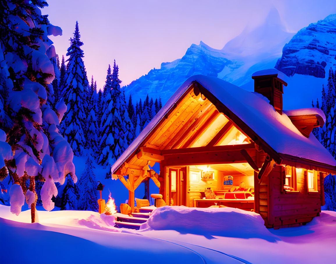 Snow-covered landscape with cozy cabin and glowing lights at dusk