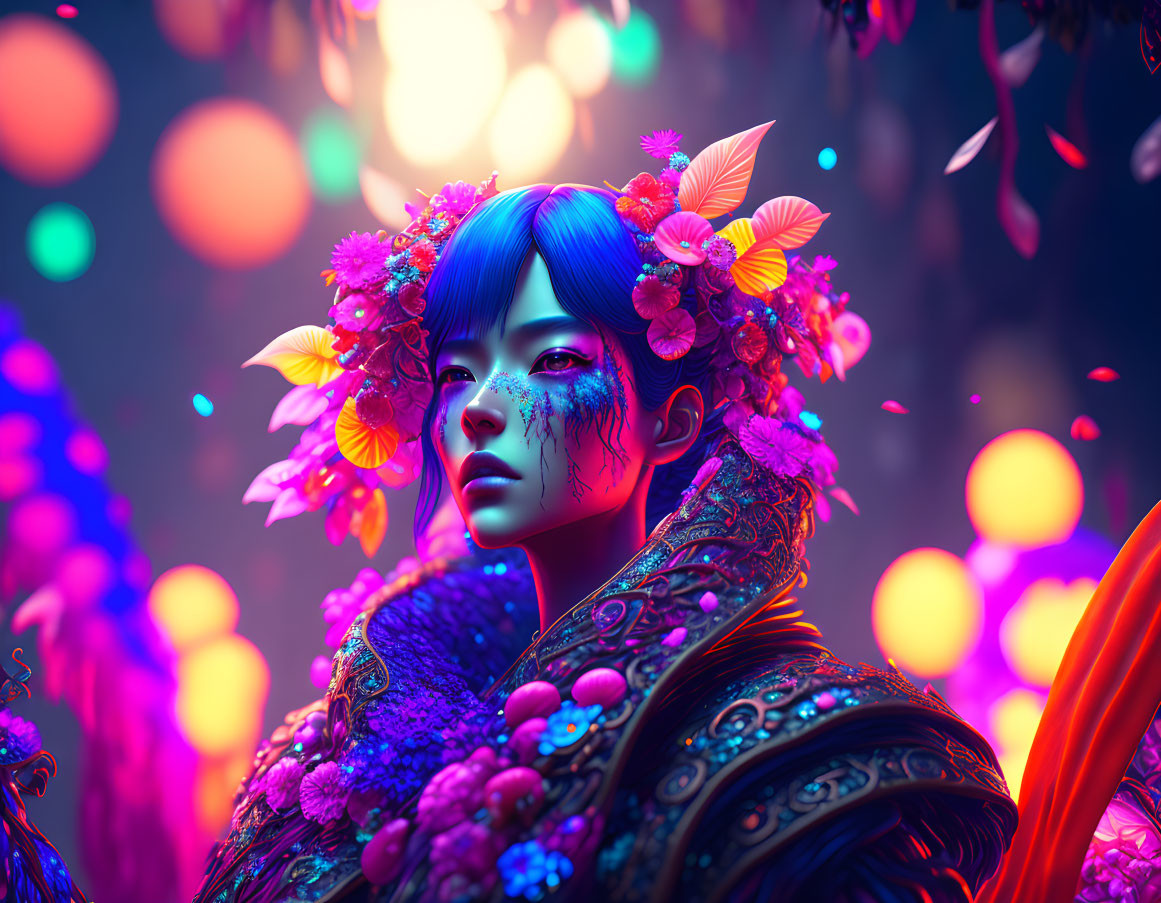 Colorful digital artwork: Person with blue hair, floral crown, armor, and blurred lights