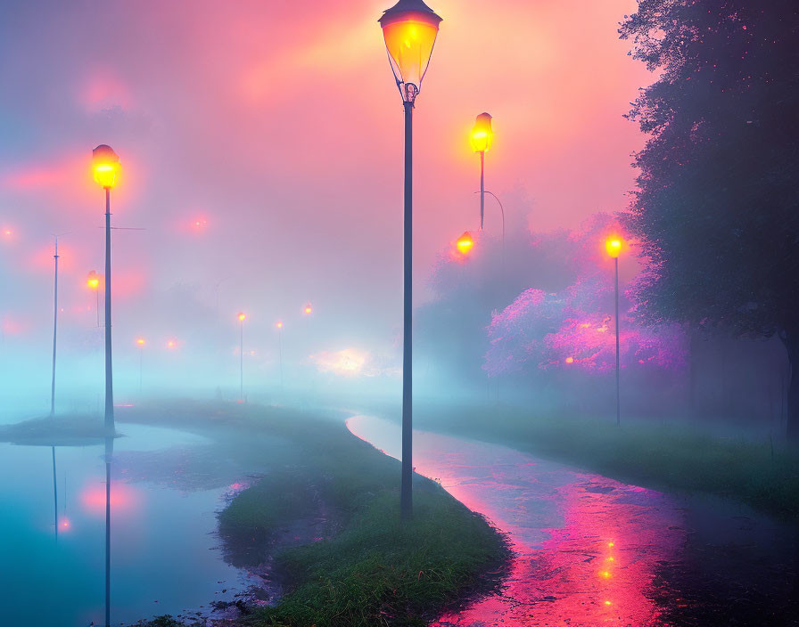 Misty Pathway with Glowing Street Lamps at Dusk