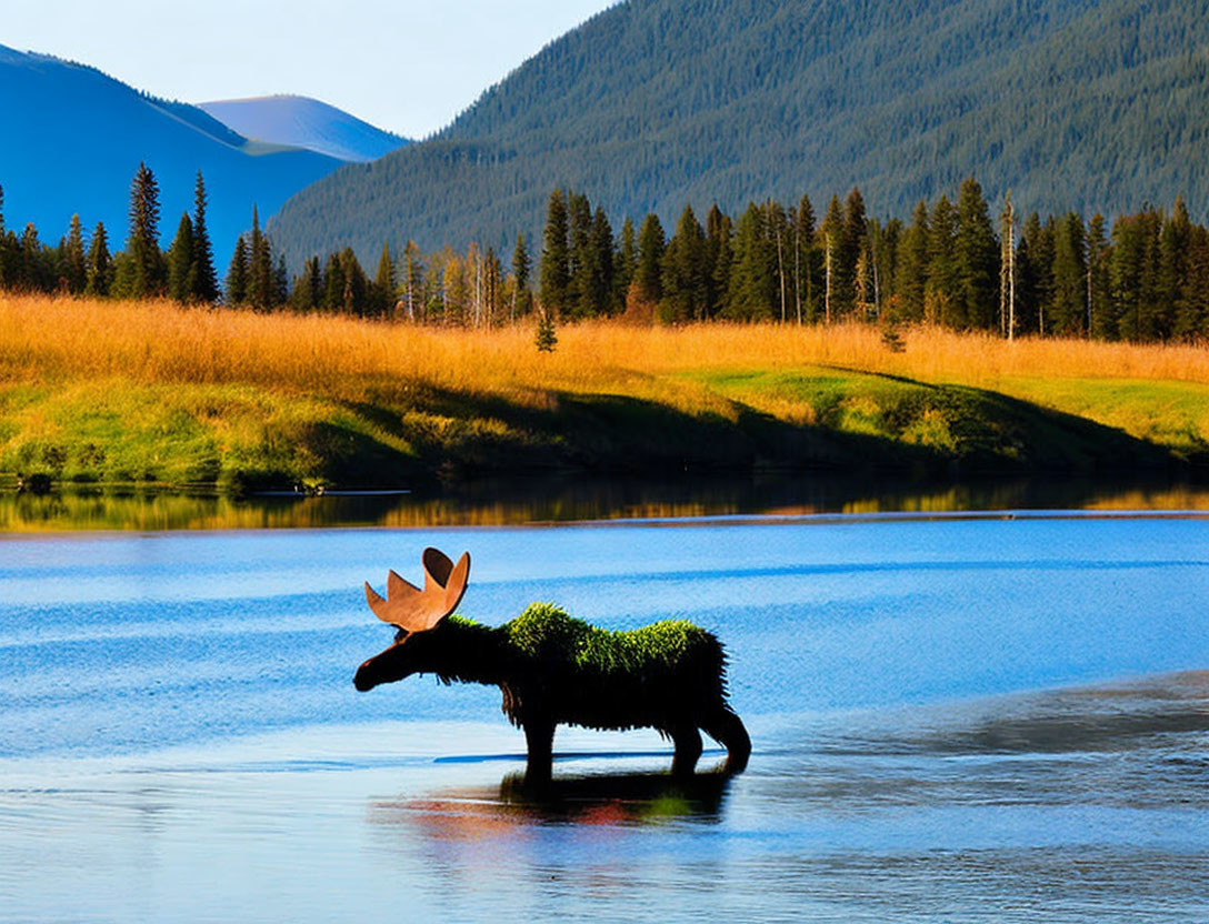 Moose in serene lake with lush trees and mountains