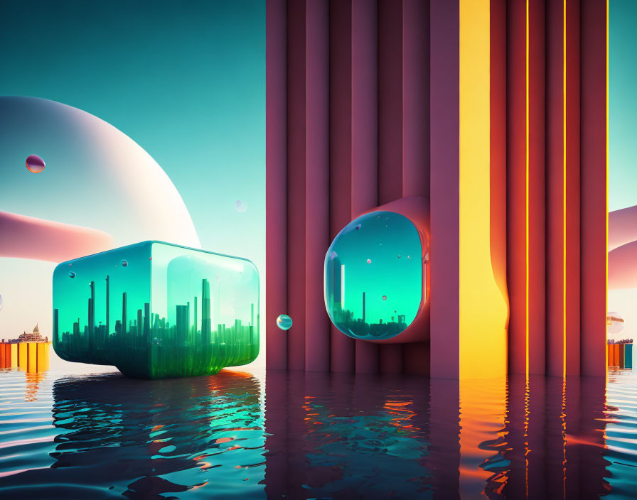 Surreal landscape with geometric shapes, cityscapes, water, and colorful sky.