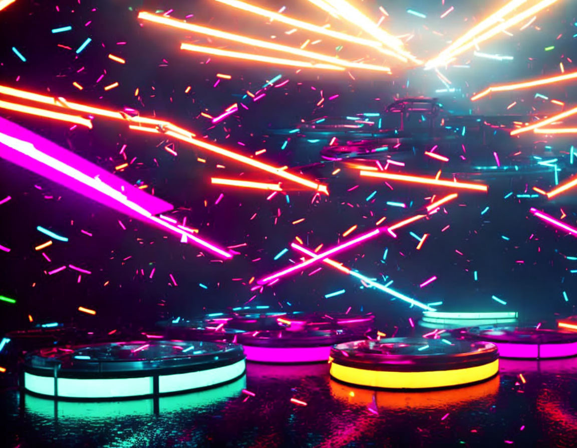 Futuristic neon lights and lasers on glowing platforms