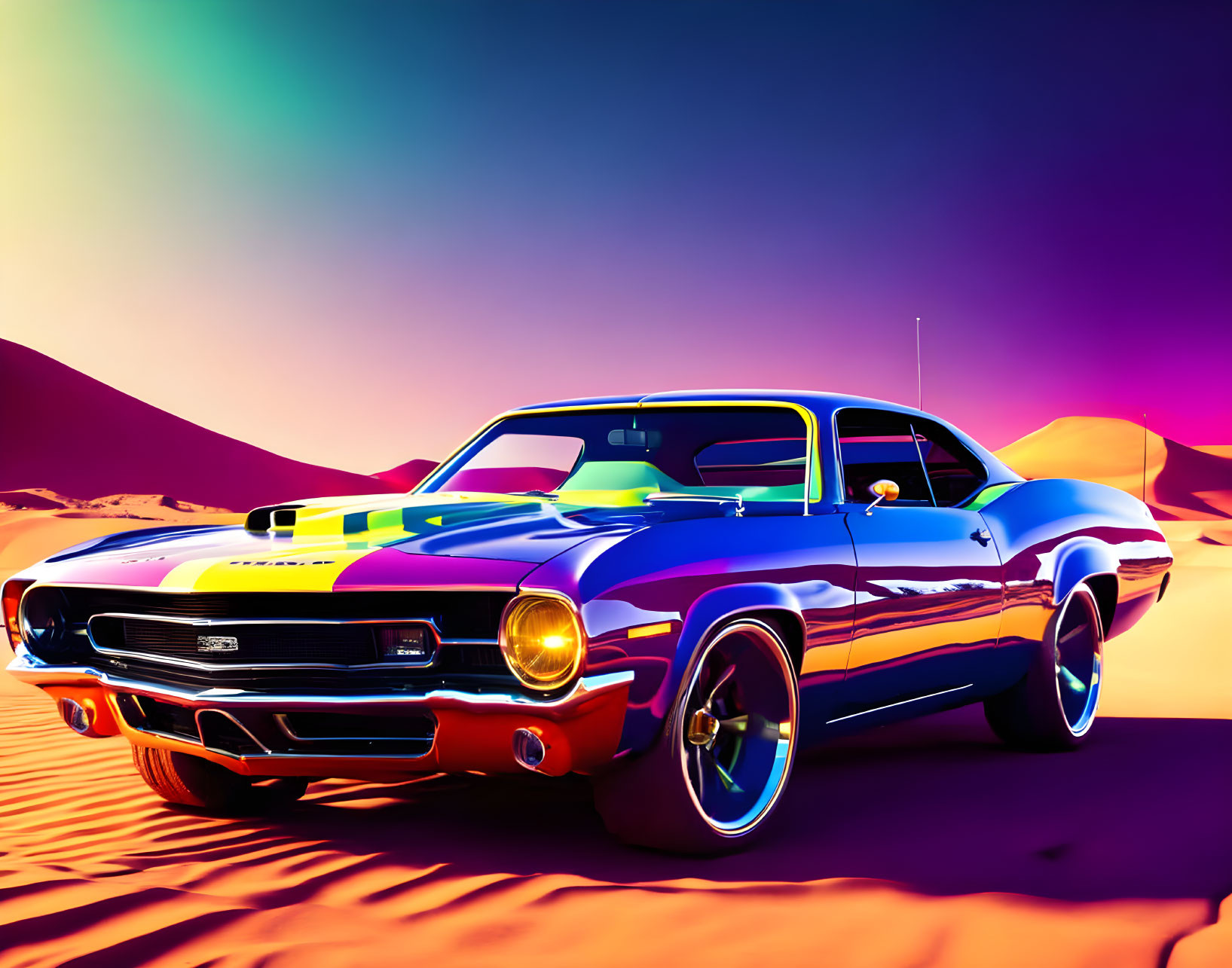 Vibrant muscle car illustration in desert setting