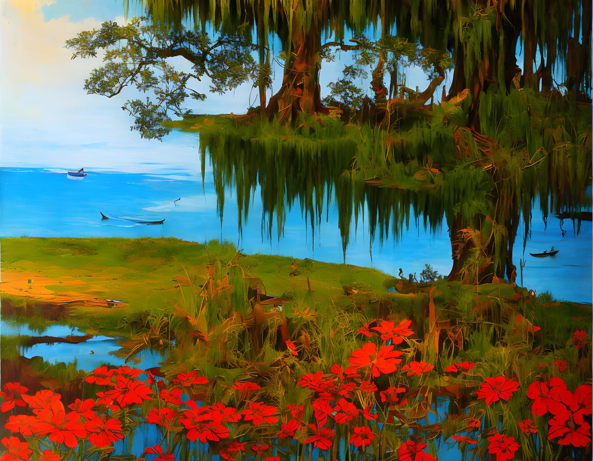 Vibrant red flowers, blue lake, moss-draped trees, boat in lush landscape