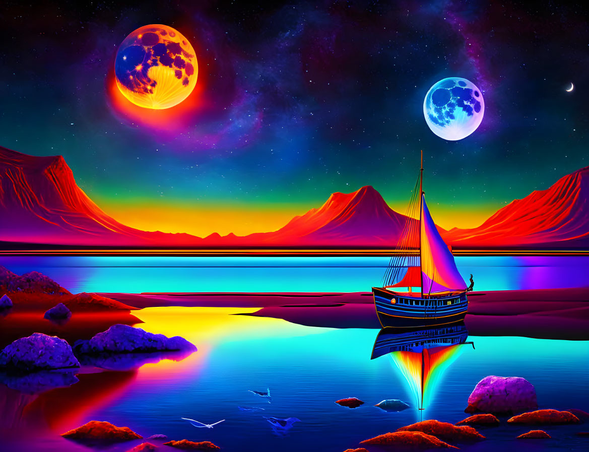 Fantasy landscape with sailboat, moons, mountains, and colorful reflection