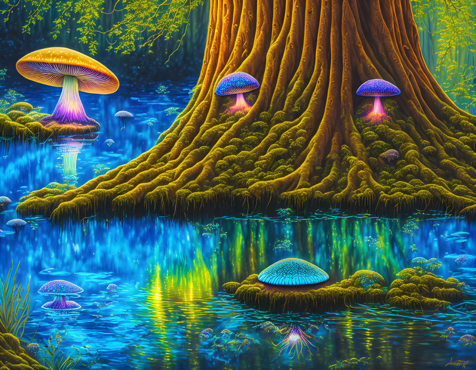 Mystical forest digital art with glowing mushrooms and blue water