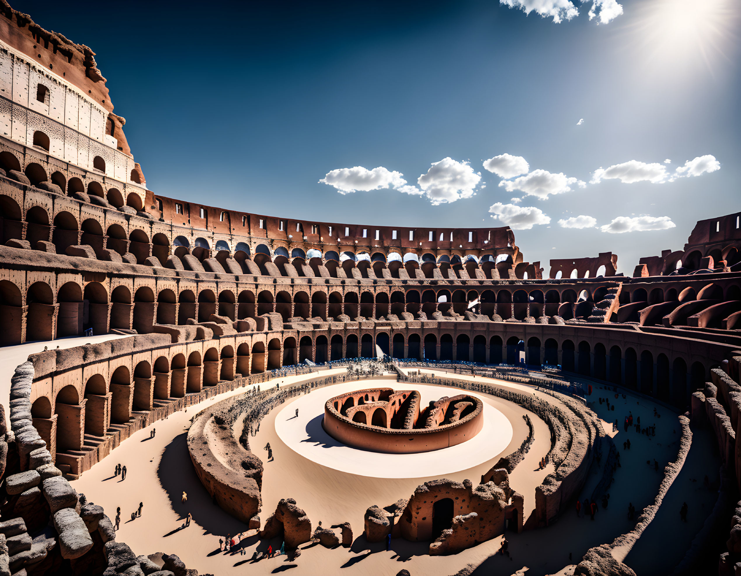 Ancient Roman amphitheater ruins under blue sky